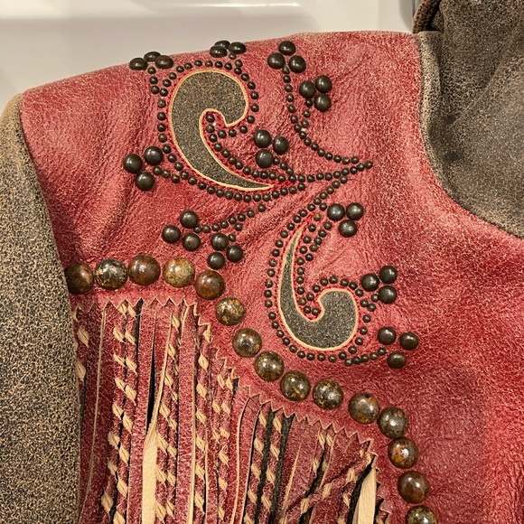 Double D Ranch Brown and Red Leather Jacket with Fringe - Picture 3 of 9